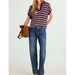 Madewell Women XS Navy Red White Striped Relaxed Knit Polo Top Short Sleeve